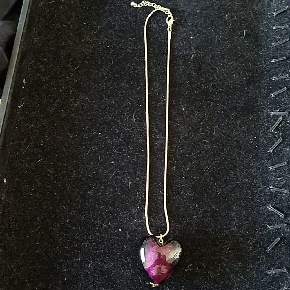 Purple Puffed Heart Pendant Necklace Goldtone Chain Romantic Fashion Jewelry